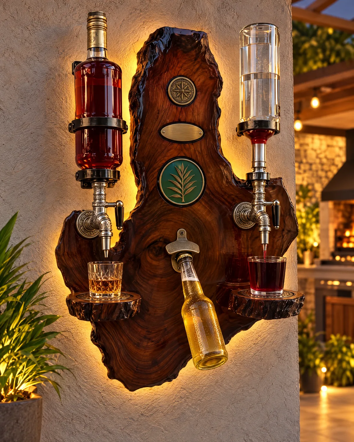 Bar de parede completo em madeira rústica com iluminação